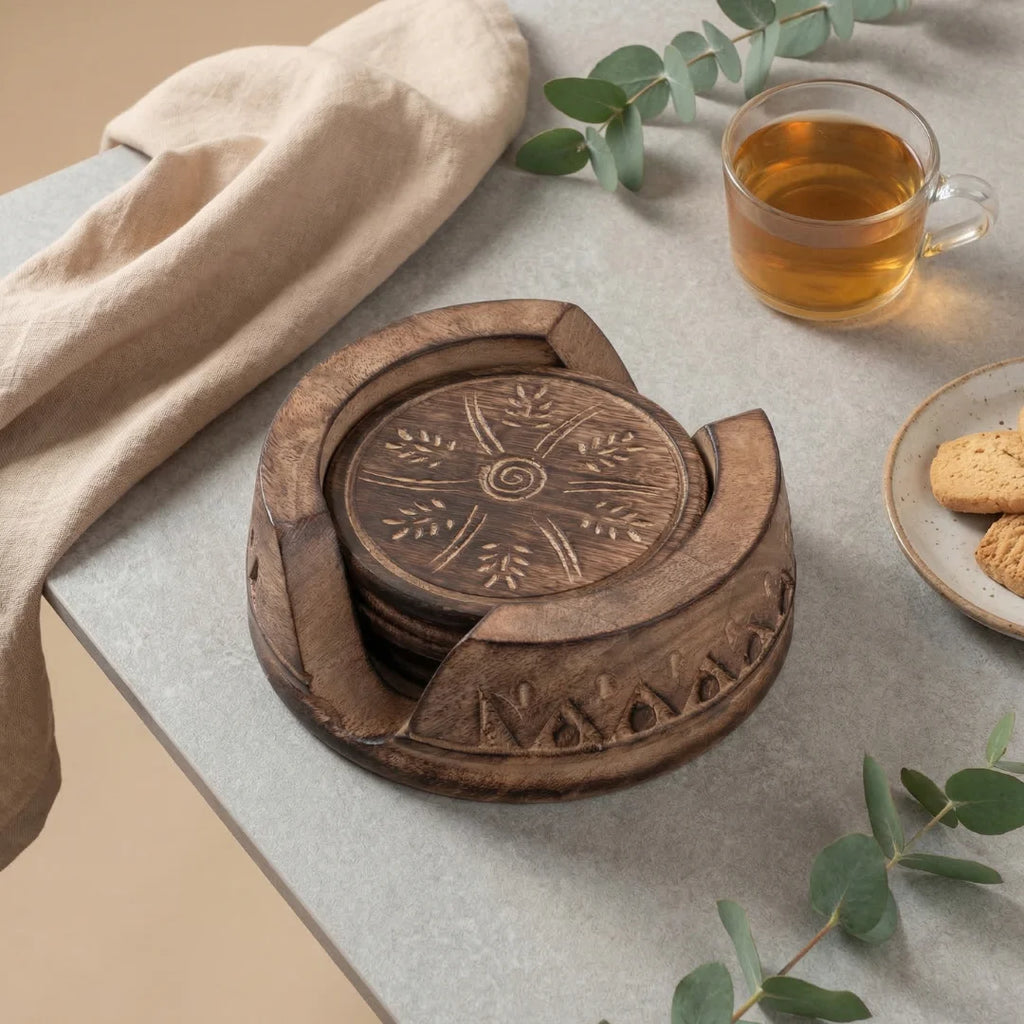 Lotus Engraved Round Coaster Set