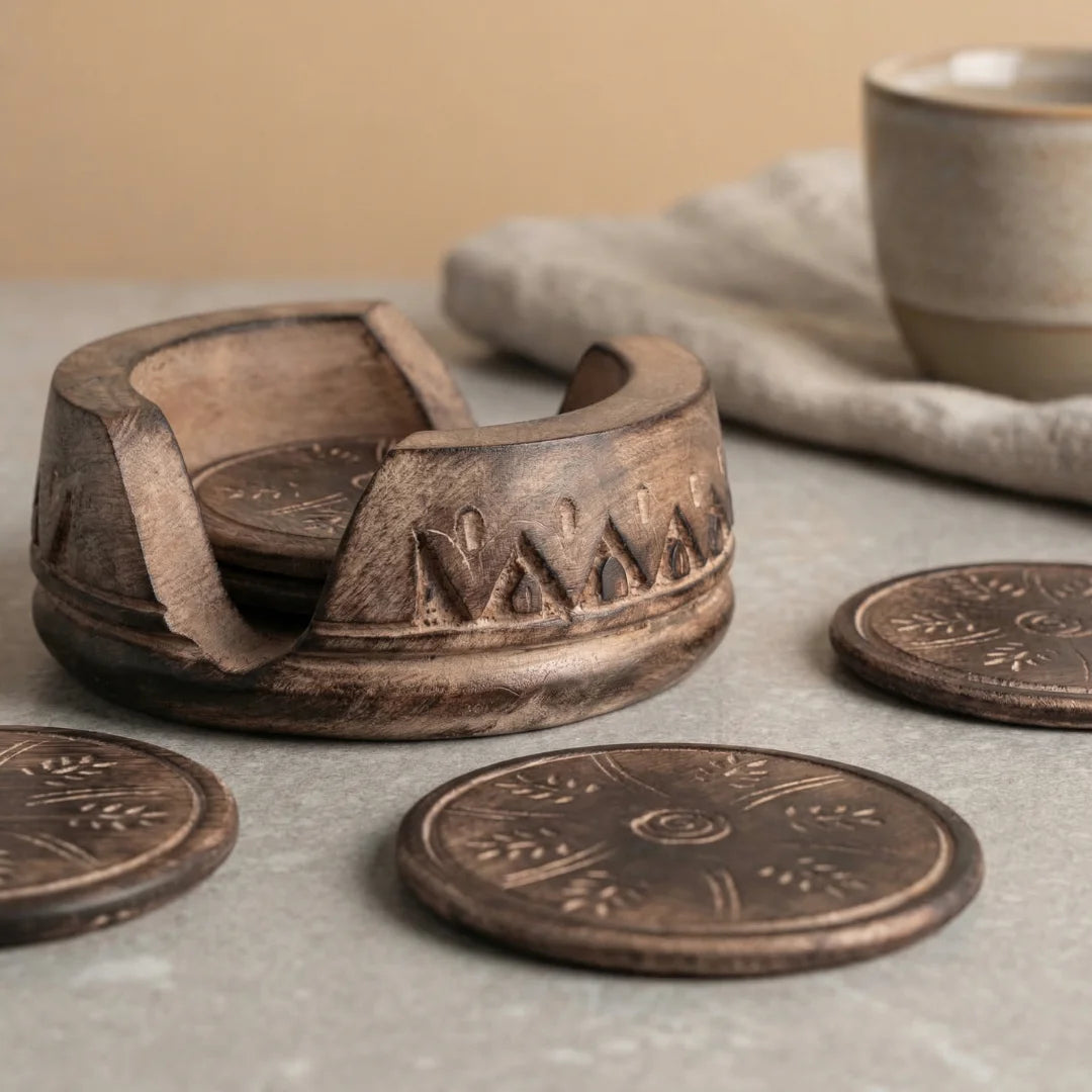 Lotus Engraved Round Coaster Set